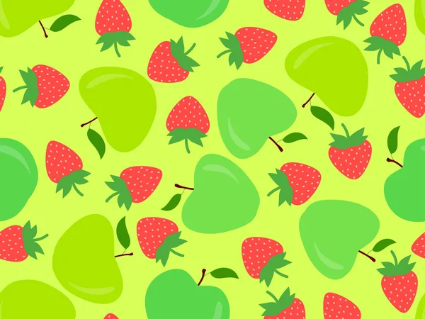 りんごとイチゴのシームレスなパターン 緑のリンゴと赤いイチゴと夏の果物のパターン バナーに印刷するためのデザイン ベクターイラスト — ストックベクタ