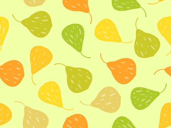 黄色の背景にカラフルな梨とシームレスなパターン 果実はミニマリストで梨 ファブリック バナー プロモーションアイテムに印刷するためのデザイン ベクターイラスト — ストックベクタ