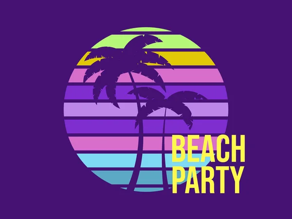 海滩派对海报上有两张棕榈树的剪影 背景是80年代的复古太阳 夏天的时候横幅 小册子和宣传材料的设计 矢量说明 — 图库矢量图片
