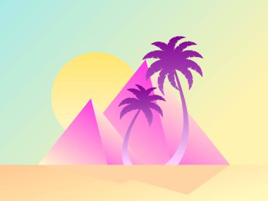 Palmiye ağaçları ve güneşli piramitler, renkli grafikler. Antik Mısır piramitleriyle modern tarzda manzara. Yaz zamanı. Afişler, posterler ve promosyon ürünleri için tasarım. Vektör illüstrasyonu