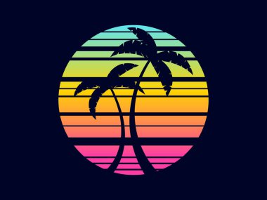 Tropical palm trees at sunset in a futuristic 80s style. Summer time, silhouettes of palm trees in synthwave and retrowave style. Design of advertising booklets and banners. vector illustration