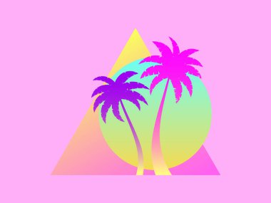 Güneşin doğuşunda gelecek eğilimli palmiye ağaçları ve pembe arka planda üçgen. Yaz zamanı, 80 'lerin sentetik dalgalı palmiye ağaçları. Reklam broşürleri ve afişler tasarımı. Vektör illüstrasyonu