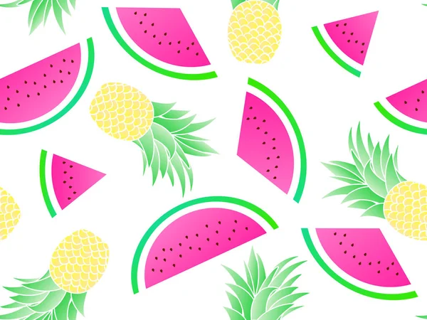 Nahtloses Muster Mit Ananas Und Wassermelone Auf Weißem Hintergrund Sommer — Stockvektor