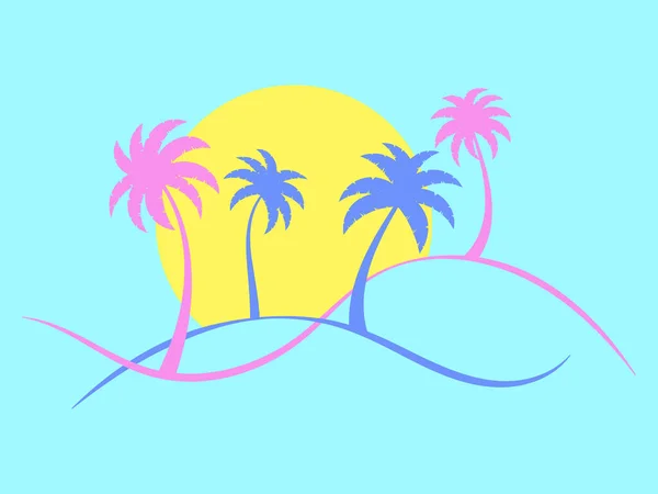 Palmiers Sur Paysage Ondulé Dans Style Linéaire Paysage Tropical Estival — Image vectorielle