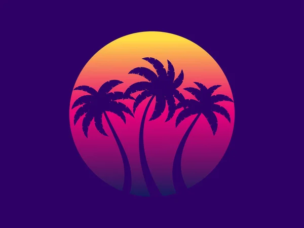 Tři Palmy Při Západu Slunce Futuristickém Retro Stylu Léto Pozadí — Stockový vektor