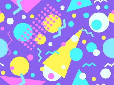 80 'lerin tarzında, geometrik şekilli, kusursuz Memphis deseni. Çok renkli geometrik şekiller. Promosyon ürünleri tasarımı, ambalaj kağıdı, kapak ve baskı. Vektör illüstrasyonu