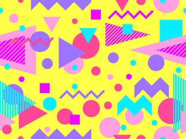 80 'lerin tarzında, geometrik şekilli, kusursuz Memphis deseni. Çok renkli geometrik şekiller. Promosyon ürünleri tasarımı, ambalaj kağıdı, kapak ve baskı. Vektör illüstrasyonu