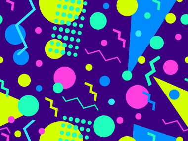 80 'lerin tarzında, geometrik şekilli, kusursuz Memphis deseni. Çok renkli geometrik şekiller. Promosyon ürünleri tasarımı, ambalaj kağıdı, kapak ve baskı. Vektör illüstrasyonu