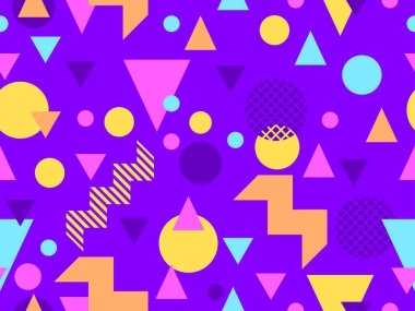 80 'lerin tarzında, geometrik şekilli, kusursuz Memphis deseni. Çok renkli geometrik şekiller. Promosyon ürünleri tasarımı, ambalaj kağıdı, kapak ve baskı. Vektör illüstrasyonu