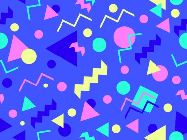 80 'lerin tarzında, geometrik şekilli, kusursuz Memphis deseni. Çok renkli geometrik şekiller. Promosyon ürünleri tasarımı, ambalaj kağıdı, kapak ve baskı. Vektör illüstrasyonu