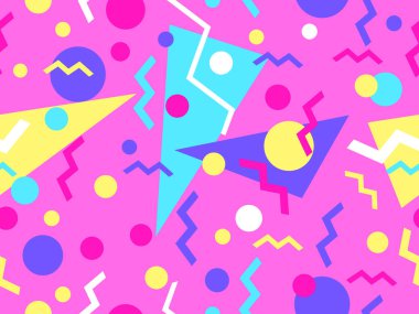 80 'lerin tarzında, geometrik şekilli, kusursuz Memphis deseni. Çok renkli geometrik şekiller. Promosyon ürünleri tasarımı, ambalaj kağıdı, kapak ve baskı. Vektör illüstrasyonu