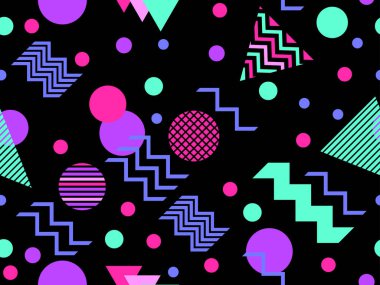 80 'lerin tarzında, geometrik şekilli, kusursuz Memphis deseni. Siyah üzerine çok renkli geometrik şekiller. Promosyon ürünleri tasarımı, ambalaj kağıdı ve baskı. Vektör illüstrasyonu