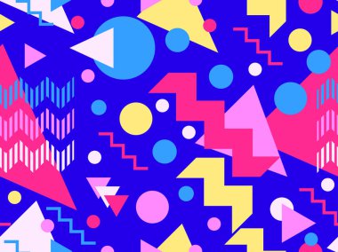 80 'lerin tarzında, geometrik şekilli, kusursuz Memphis deseni. Çok renkli geometrik şekiller. Promosyon ürünleri tasarımı, ambalaj kağıdı, kapak ve baskı. Vektör illüstrasyonu