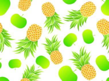 Ananas ve elmalar pürüzsüz desen. Beyaz arka planda elma ve ananas karışımı yaz meyveleri. Baskı, afişler ve posterler için tasarım. Vektör illüstrasyonu