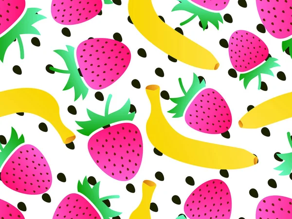 Patrón Sin Costuras Con Plátanos Fresas Colores Degradados Verano Mezcla — Vector de stock