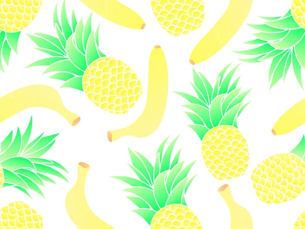 バナナとパイナップルのシームレスなパターン グラデーションの色 夏のフルーツミックスは 白を背景にパイナップルとバナナ バナーやポスターのためのデザイン ベクターイラスト — ストックベクタ