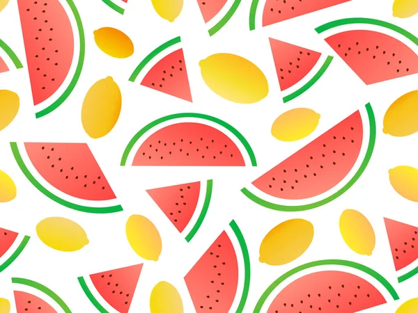 Sömlöst Mönster Med Vattenmelonskivor Och Citroner Lutande Färger Sommar Frukt — Stock vektor