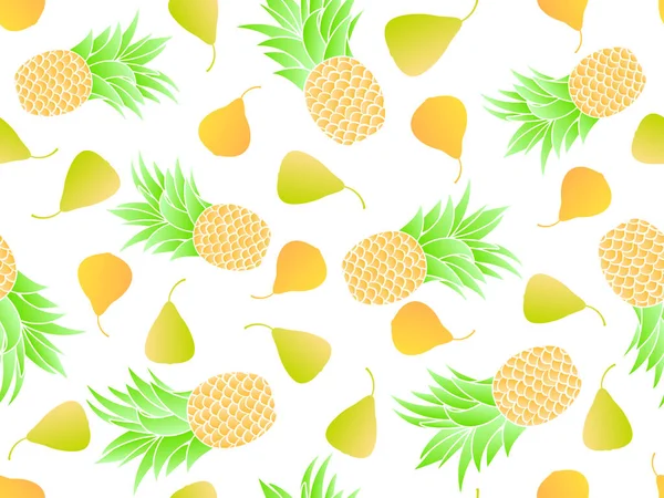 パイナップルと梨のシームレスなパターン グラデーションの色 夏のフルーツミックスは 白を背景に梨とパイナップル バナーやポスターのためのデザイン ベクターイラスト — ストックベクタ