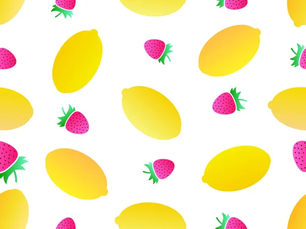 イチゴとレモンのシームレスなパターン グラデーションの色 夏のフルーツミックスレモンとイチゴ白を背景に バナーやポスターのためのデザイン ベクターイラスト — ストックベクタ