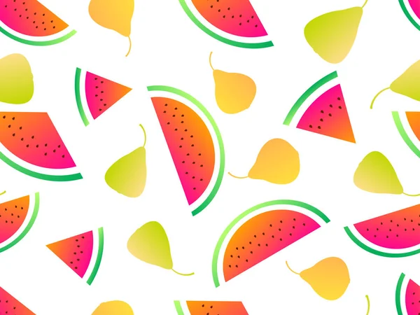 Naadloos Patroon Met Watermeloen Plakjes Peren Gradiënt Kleuren Zomer Fruit — Stockvector