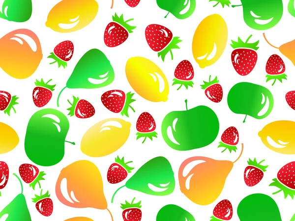 水果无缝图案与柠檬 梨和草莓3D风格 夏季水果配料 草莓加白底 矢量说明 — 图库矢量图片