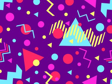 80 'lerin tarzında, geometrik şekilli, kusursuz Memphis deseni. Çok renkli geometrik şekiller. Promosyon ürünleri tasarımı, ambalaj kağıdı, kapak ve baskı. Vektör illüstrasyonu