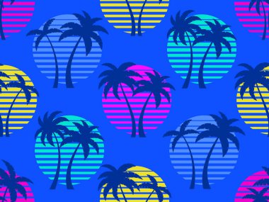 80 'lerin modası geçmiş günbatımında palmiye ağaçlarıyla kusursuz desen. Yaz zamanı, sentetik dalgalı palmiye ağaçları olan fütürist güneş. Baskı için tasarım, promosyon ürünleri, kapak ve poster. Vektör illüstrasyonu