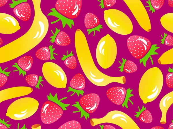 Nahtloses Muster Mit Erdbeeren Zitronen Und Bananen Stil Sommerfruchtmischung Mit — Stockvektor