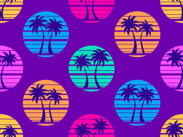 Seamless Pattern Palm Trees Sunset 80S Retro Style Summer Time — Stock Vector