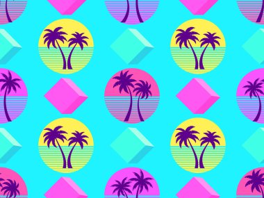 Geçmişe dönük güneş ve 80 'lerin tarzında palmiye ağaçları olan kusursuz bir desen. Gün batımında palmiye ağaçları ve 3 boyutlu küpler. Afiş, poster ve promosyon ürünleri için renkli tropikal desenli tasarım. Vektör illüstrasyonu