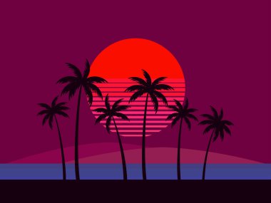 Gün batımında palmiye ağaçlarının siyah siluetleri. 80 'lerin tarzında, palmiye ağaçları ve kırmızı güneşli tropik bir manzara. Posterler, afişler ve promosyon ürünlerinin basımı için tasarım. Vektör illüstrasyonu