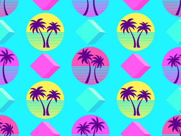 无缝隙图案 有复古的阳光和80年代风格的棕榈树 日落时的棕榈树和3D立方体五彩缤纷的热带图案设计 为横幅 招贴画和促销物品 矢量说明 — 图库矢量图片
