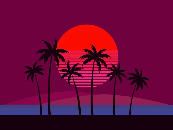 日没時のヤシの木の黒いシルエット 80年代のスタイルでヤシの木と赤い太陽と熱帯の風景 ポスター バナー 販促品の印刷のためのデザイン ベクターイラスト — ストックベクタ