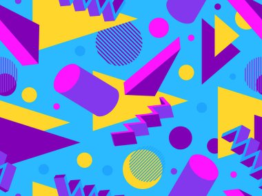 80 'lerin tarzında 3 boyutlu geometrik kusursuz desen. Üç boyutlu izometrik üçgenler, zikzaklar ve daireler. Promosyon ürünleri, ambalaj kağıdı ve baskı için tasarım. Vektör illüstrasyonu