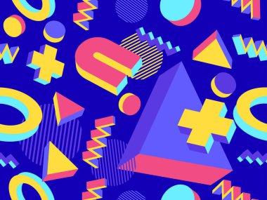 80 'lerin tarzında 3 boyutlu geometrik kusursuz desen. Üç boyutlu izometrik üçgenler, zikzaklar ve daireler. Geometrik memphis tarzı. Promosyon ürünleri, ambalaj kağıdı ve baskı için tasarım. Vektör illüstrasyonu