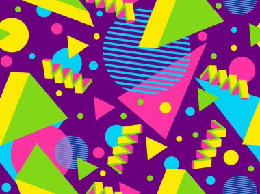 80 'lerin tarzında 3 boyutlu geometrik kusursuz desen. Üç boyutlu izometrik üçgenler, zikzaklar ve daireler. Geometrik memphis tarzı. Promosyon ürünleri, ambalaj kağıdı ve baskı için tasarım. Vektör illüstrasyonu