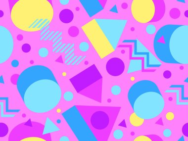 80 'lerin tarzında 3 boyutlu geometrik kusursuz desen. Üç boyutlu izometrik üçgenler, zikzaklar ve daireler. Geometrik memphis tarzı. Promosyon ürünleri, ambalaj kağıdı ve baskı için tasarım. Vektör illüstrasyonu