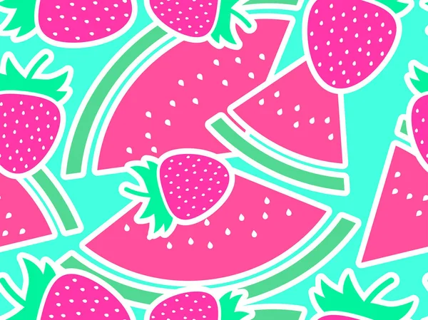 Wassermelone Und Erdbeere Nahtlose Muster Sommerbeerenmischung Aus Erdbeere Und Wassermelone — Stockvektor