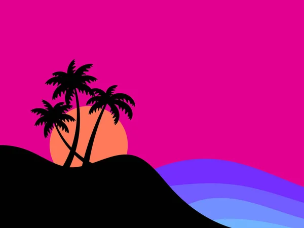 日落时棕榈树的黑色轮廓 热带海滨 风格简约 夏天的时候印刷品 横幅和促销物品的设计 矢量说明 — 图库矢量图片