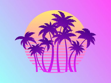 80 'lerin modası geçmiş bilim kurgu tarzında günbatımında palmiye ağaçları. Yaz zamanı. Gelecekçi güneş retro dalgası. Gradyan palmiye ağaçları. Reklam broşürleri, afişler, posterler, seyahat acenteleri için tasarım. Vektör illüstrasyonu