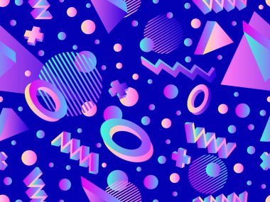 80 'lerin tarzında 3 boyutlu geometrik kusursuz desen. Gradyan renklerle üç boyutlu izometrik şekiller. Geometrik memphis tarzı. Promosyon ürünleri, ambalaj kağıdı ve baskı için tasarım. Vektör illüstrasyonu