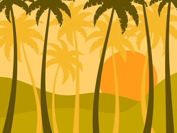 丘の後ろに太陽と熱帯のヤシの森 前景と背景のヤシの木 緑の波状の風景 バナーやポスターのためのデザイン ベクターイラスト — ストックベクタ