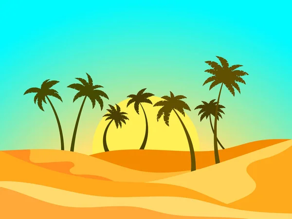 ヤシの木や砂丘と砂漠の風景 砂漠での日の出 ヤシの木のシルエットと砂丘 バナーやポスターのためのデザイン ヴェトナーヤのイラスト — ストックベクタ