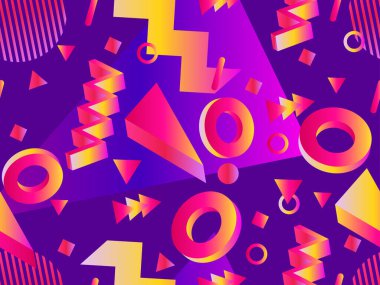 80 'lerin tarzında 3 boyutlu geometrik kusursuz desen. Gradyan renklerle üç boyutlu izometrik şekiller. Geometrik memphis tarzı. Promosyon ürünleri, ambalaj kağıdı ve baskı için tasarım. Vektör illüstrasyonu