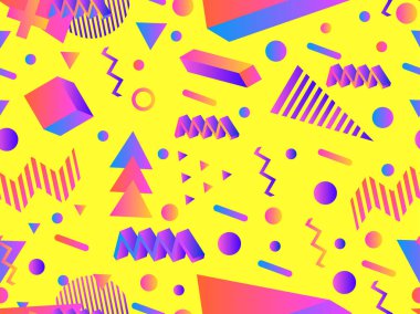 80 'lerin tarzında 3 boyutlu geometrik kusursuz desen. Gradyan renklerle üç boyutlu izometrik şekiller. Geometrik memphis tarzı. Promosyon ürünleri, ambalaj kağıdı ve baskı için tasarım. Vektör illüstrasyonu