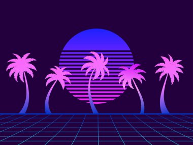 Palmiye ağaçları ve retro gün batımı. Sanal gerçeklik ızgarası olan manzara. 80 'lerin tarzında palmiye ağaçları olan fütüristik günbatımı. Afişler ve posterler için geçmişe dönük dalga tasarımı. Vektör illüstrasyonu