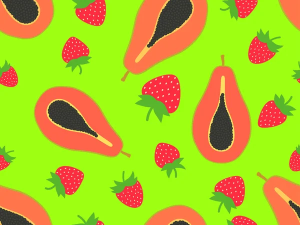 딸기와 파파야의 솔기없는 여름에는 이국적 파파야와 딸기를 먹는다 플래카드 포스터 — 스톡 벡터
