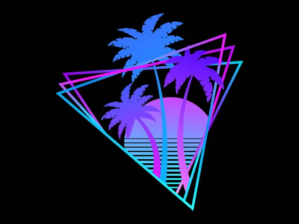 Bannière Vague Rétro Avec Soleil Palmiers Dans Cadre Triangulaire Coucher — Image vectorielle