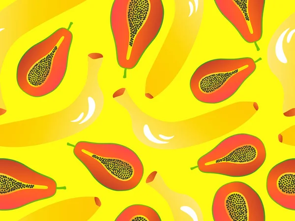 노란색 배경에 바나나와 파파야를 곁들인 무미건조 여름의 이국적 과일에는 파파야와 — 스톡 벡터