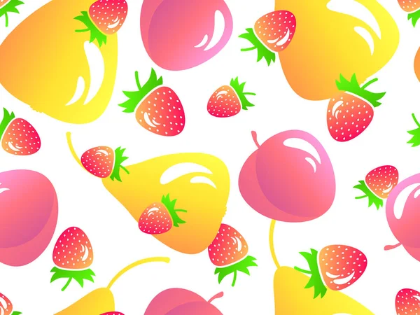 白い背景に桃 イチゴとシームレスなパターン イチゴ 桃と夏のフルーツミックス バナーやプロモーション材料のためのデザイン ベクターイラスト — ストックベクタ